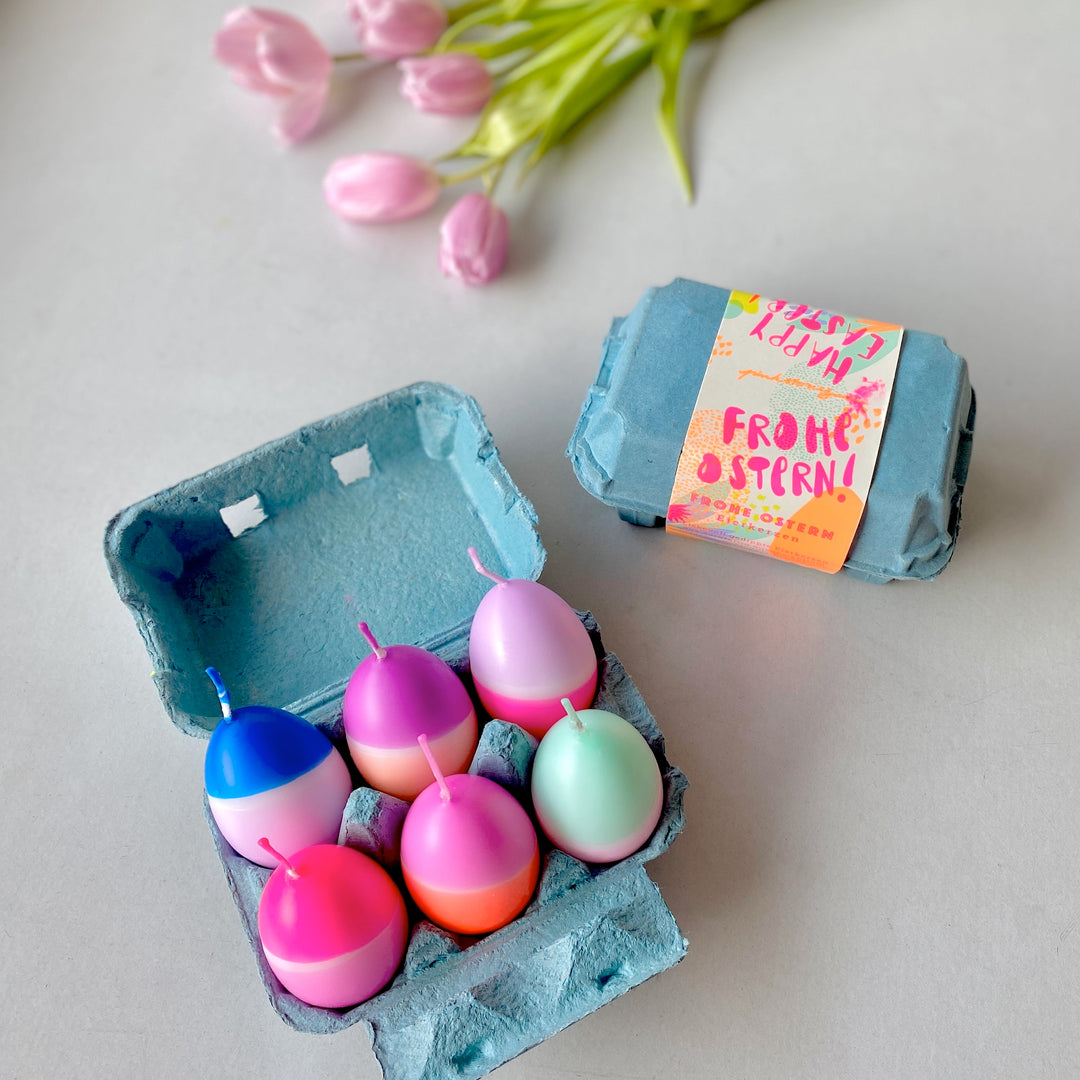 6 Dip Dye Eierkerzen im Eierkarton - Pinke und Blaue Farben