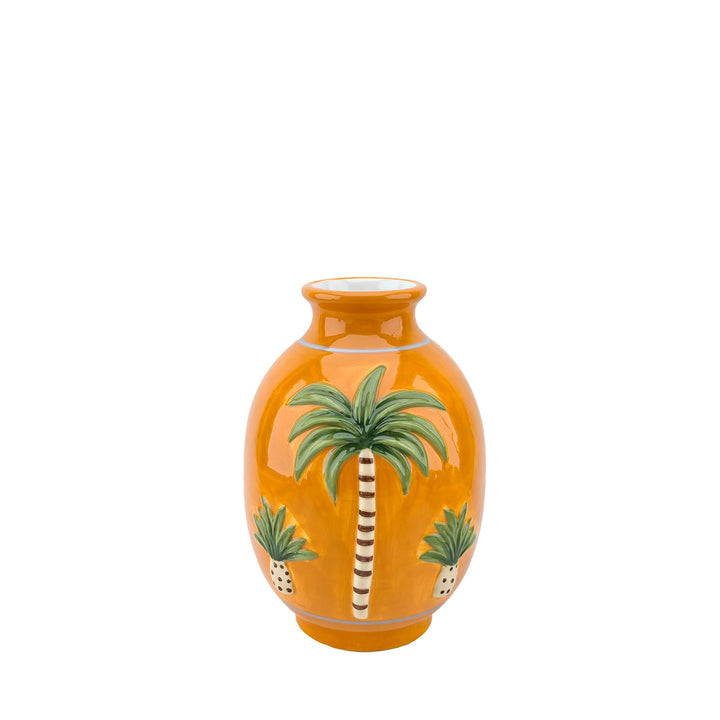 Orangene, runde Keramikvase mit tropischem Palmen-Relief