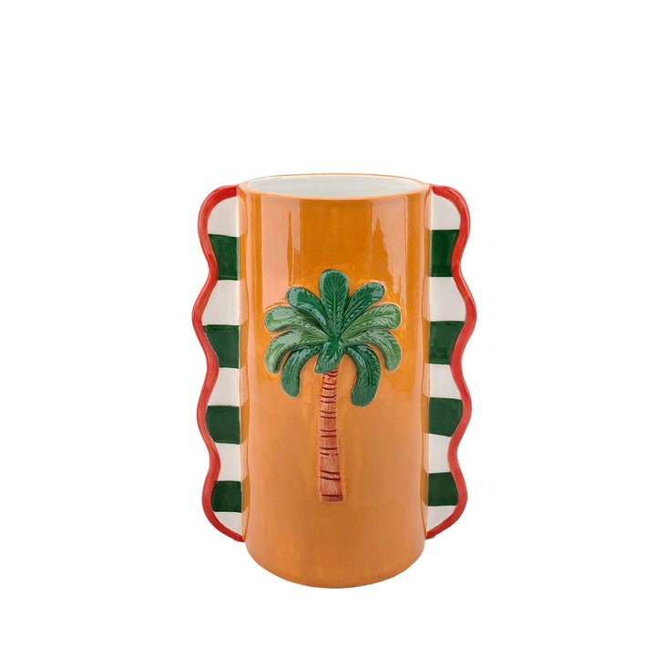 Zylindrische Keramikvase mit Palmen-Relief und Wellenrand