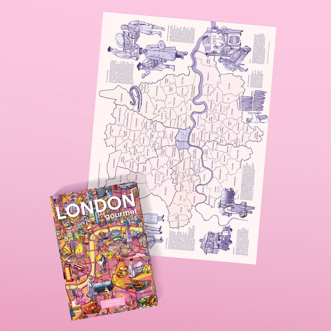Lilafarbene Londoner Stadtteilkarte neben der Puzzle-Box.