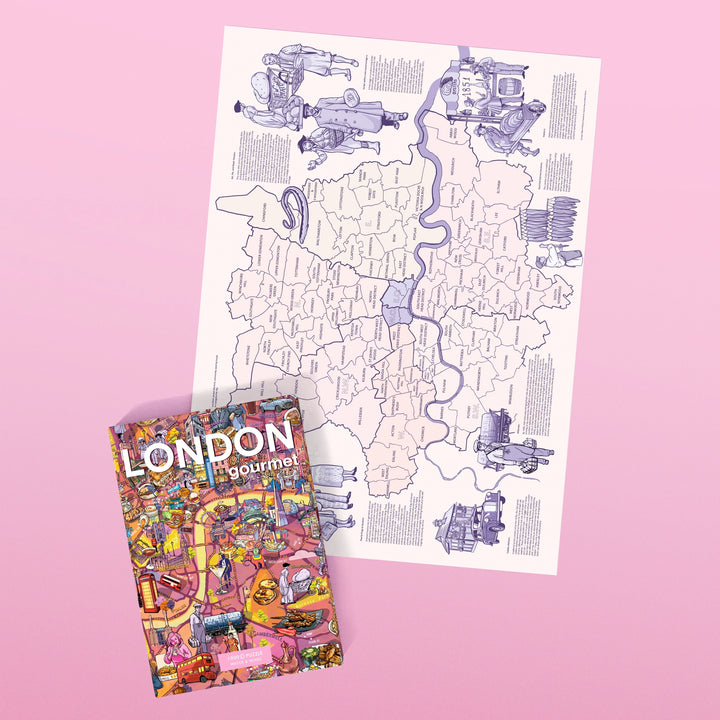 Lilafarbene Londoner Stadtteilkarte neben der Puzzle-Box.