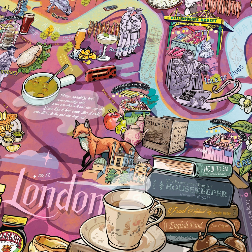 Nahaufnahme Puzzle-Motiv mit Greenwich Park, Tee und Marmite.