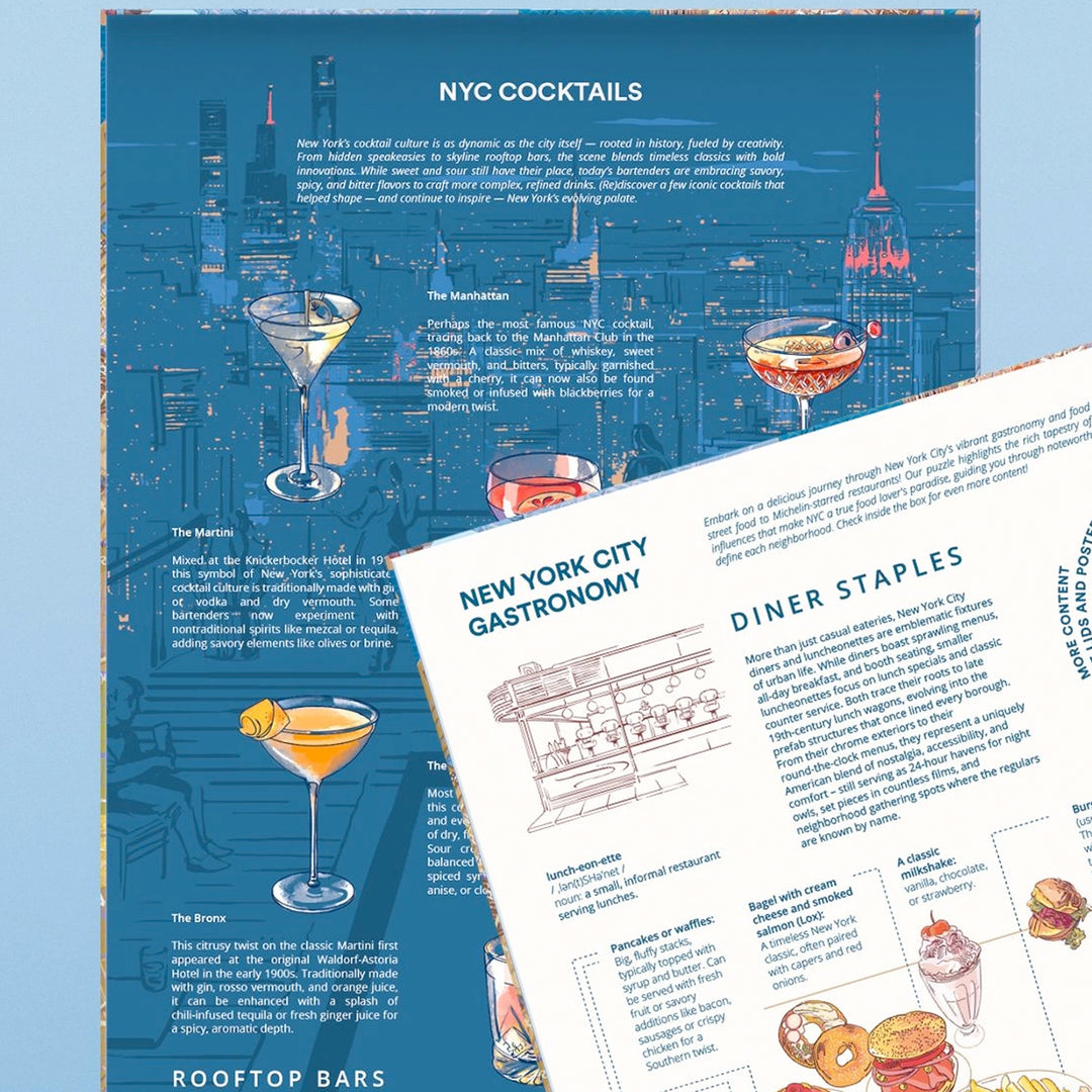 Illustrationen von NYC Cocktails wie Manhattan und Martini sowie Diner-Klassikern.