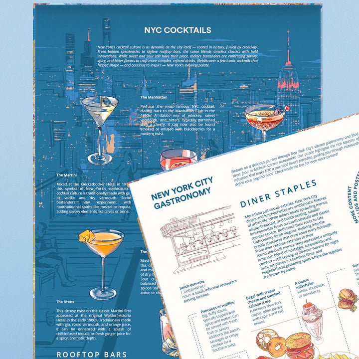 Illustrationen von NYC Cocktails wie Manhattan und Martini sowie Diner-Klassikern.