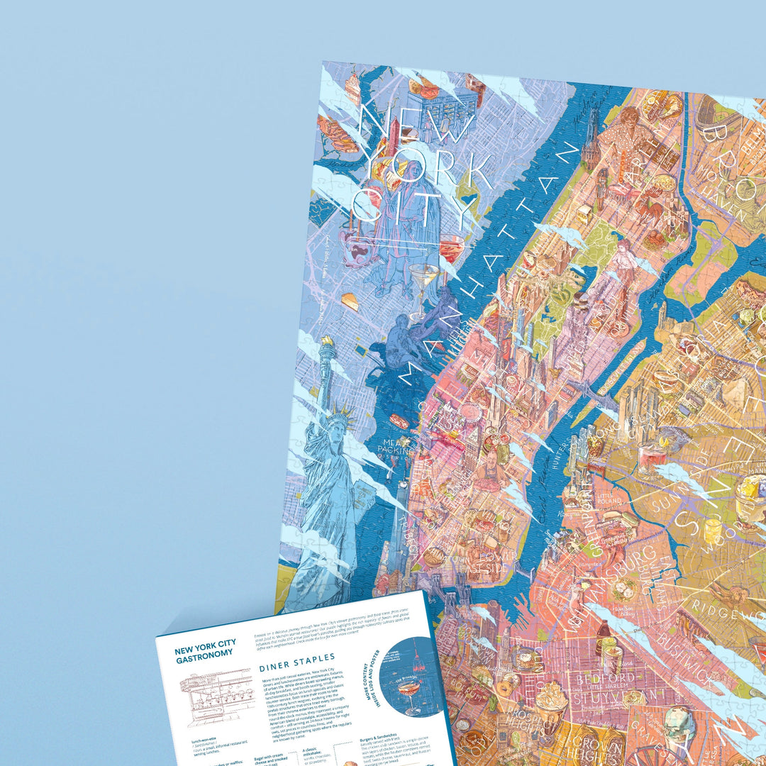 Illustriertes New York Puzzle Motiv mit Freiheitsstatue und Stadtplan von Manhattan.
