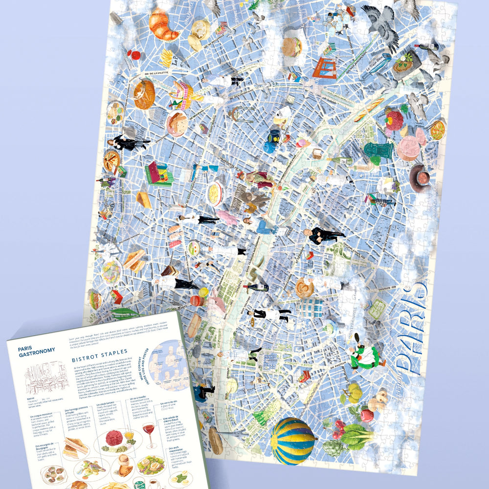 Paris Stadtplan Puzzle mit Infografik-Poster über Gastronomie.