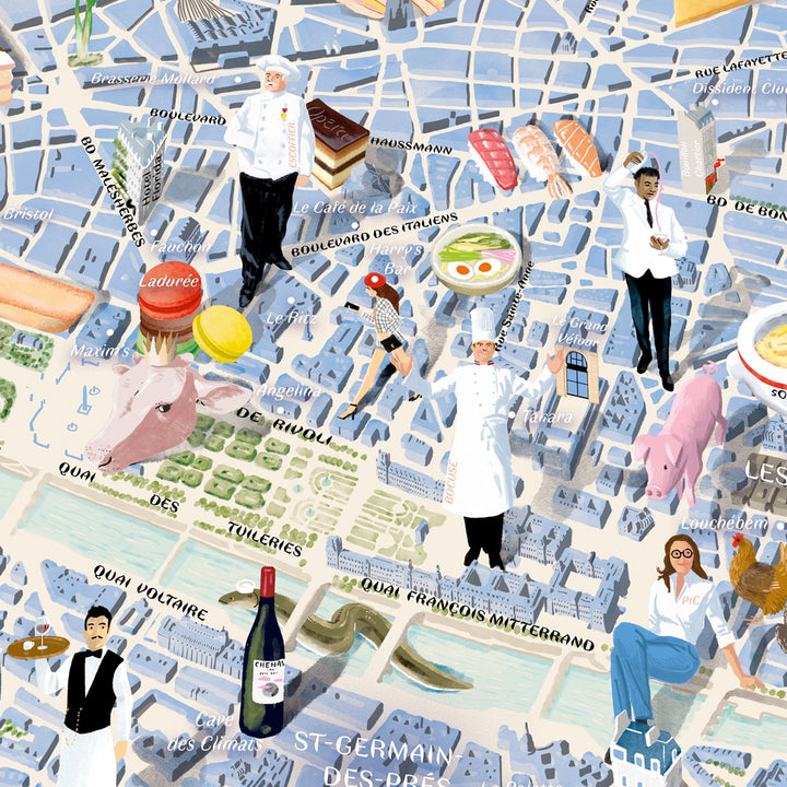 Nahaufnahme Puzzle-Motiv mit Sacré-Cœur und Bistro-Szenen.