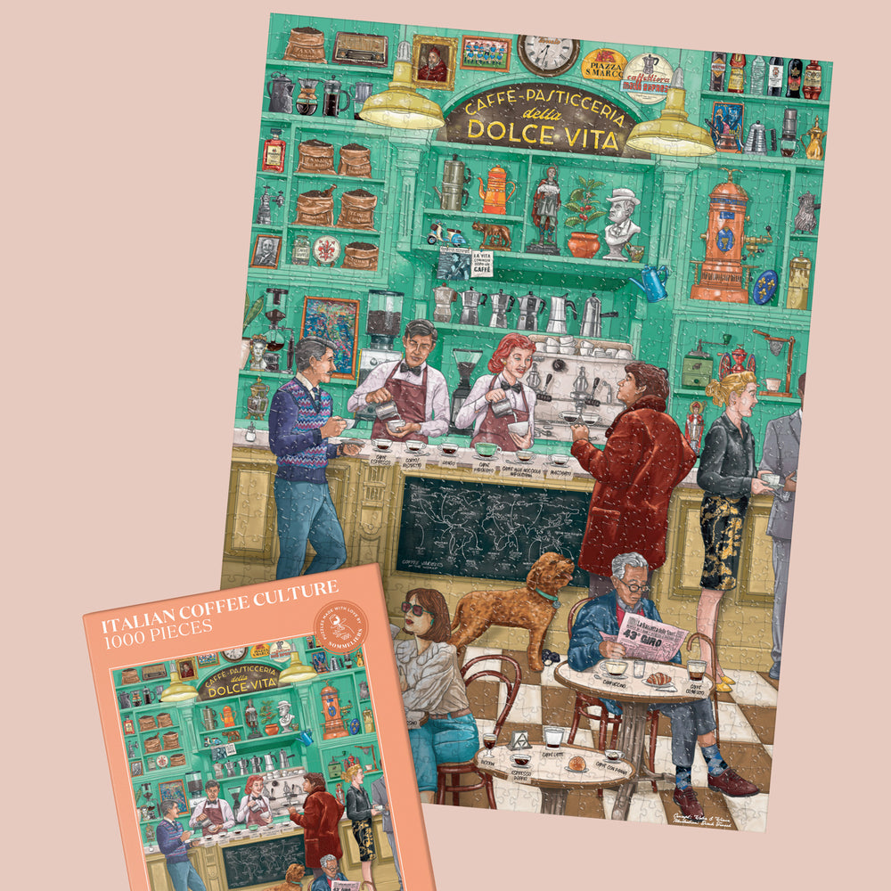 Italienische Kaffeekultur Puzzle mit Infografik-Poster zu Kaffee-Variationen.