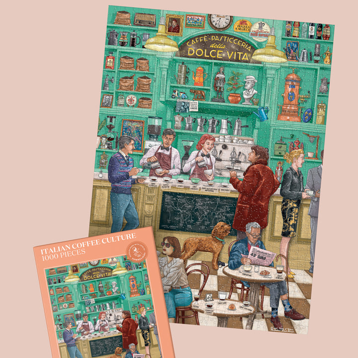 Italienische Kaffeekultur Puzzle mit Infografik-Poster zu Kaffee-Variationen.