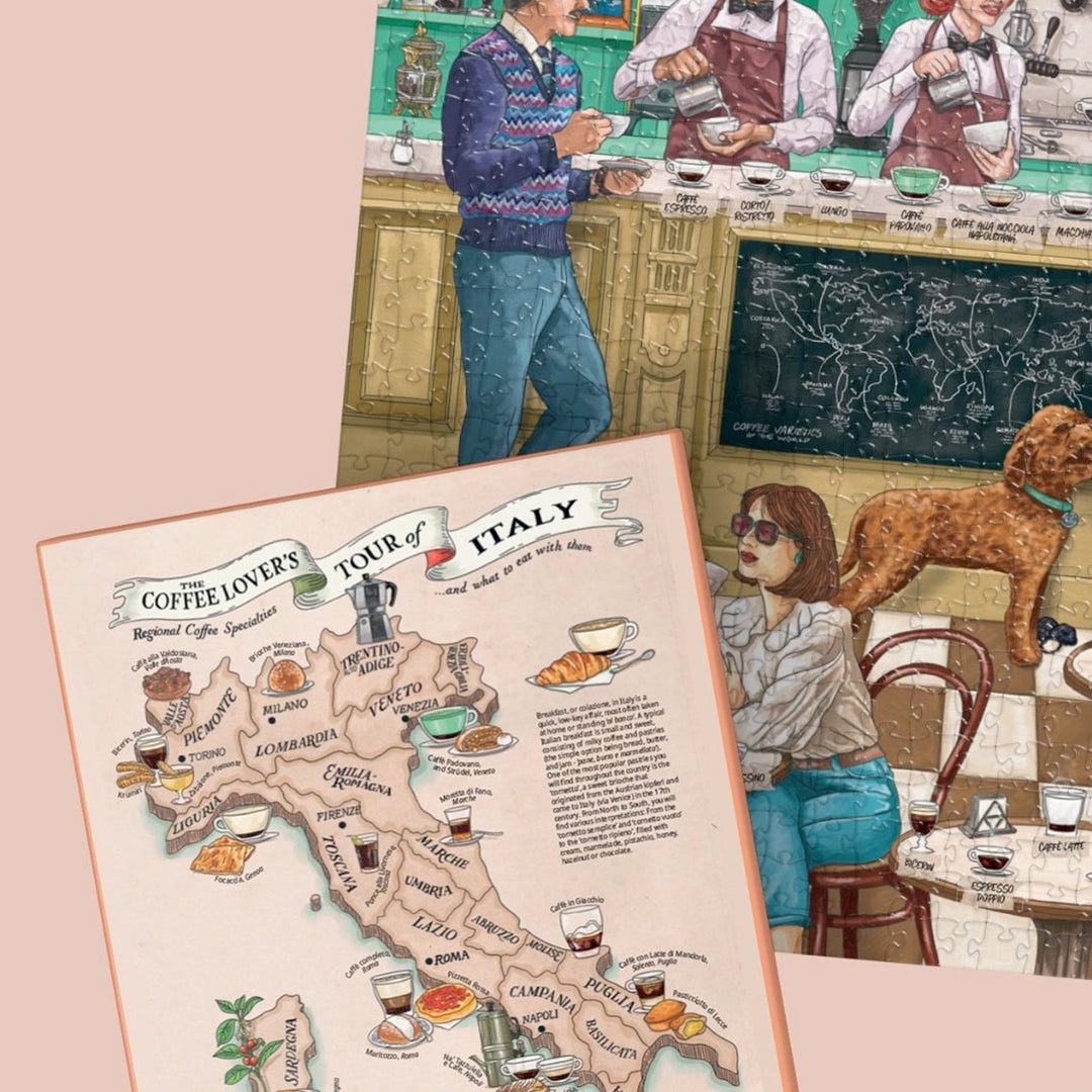 Illustrierte Karte von Italien mit regionalen Kaffeespezialitäten.