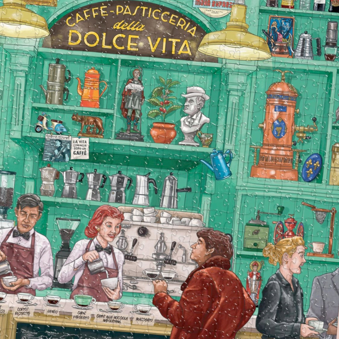 Puzzle-Detailansicht mit Espressotasse, Moka-Kanne und Gebäck.