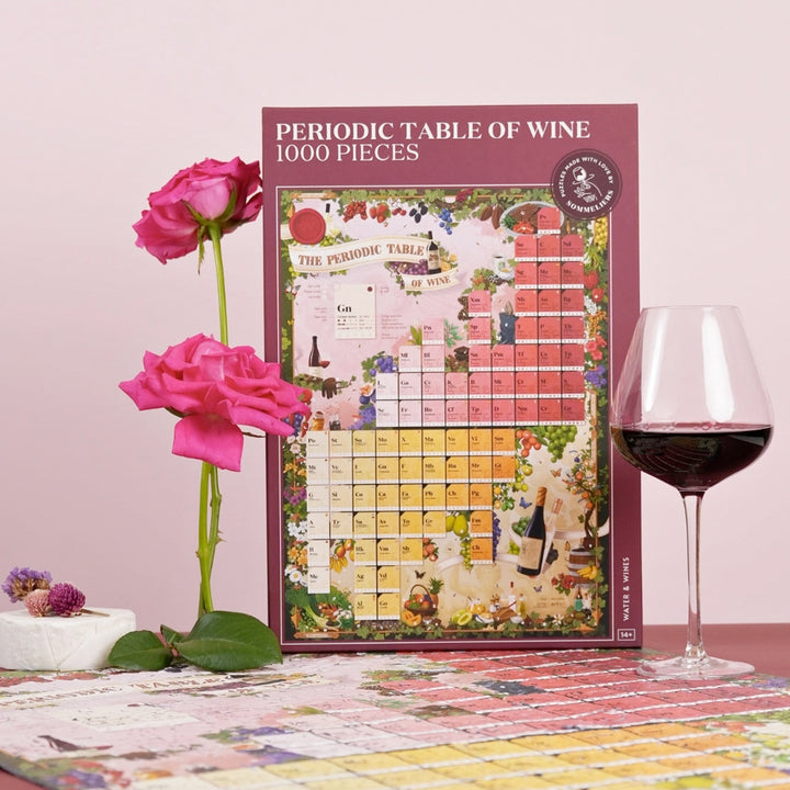 Periodensystem der Weine Puzzle mit Infografik-Poster auf grünem Grund.