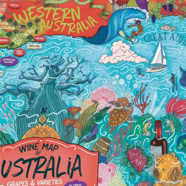 Nahaufnahme der Westaustralien-Region des Puzzles, die Meerestiere, ein Segelboot, einen Surfer, einen Baobab-Baum und Rebsorten wie Malbec, Riesling und Bordeaux Blends zeigt.