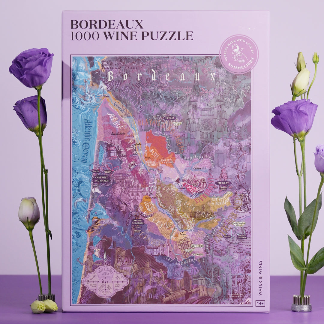Bordeaux Wein Landkarte Puzzle mit Infografik-Poster zu Rebsorten.