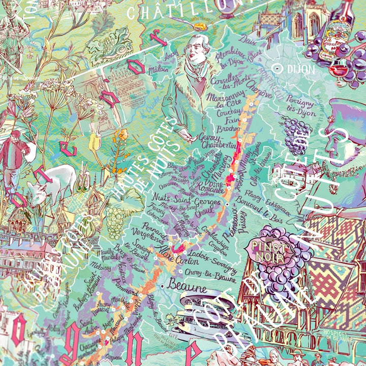 Nahaufnahme des Puzzles, die die Côte de Nuits und Côte de Beaune Regionen zeigt, mit den Städten Dijon, Beaune und Details zu Pinot Noir Trauben.