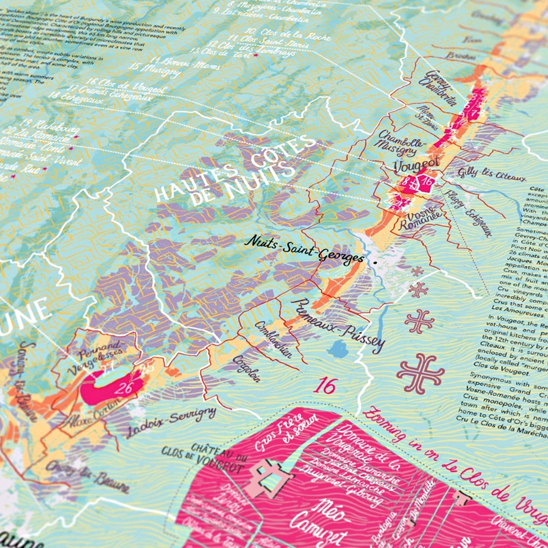 Vergrößerte Detailansicht eines Abschnitts der Côte de Nuits auf dem Puzzle, der spezifische Weinlagen und Appellationen wie Nuits-Saint-Georges und Vosne-Romanée hervorhebt.