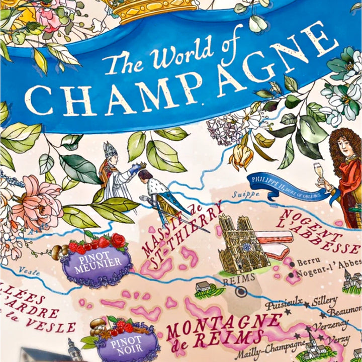 Extrem-Nahaufnahme eines Puzzle-Ausschnitts der Regionen Montagne de Reims und Massif de Saint-Thierry, mit Illustrationen von Pinot Meunier, Pinot Noir und der Kathedrale von Reims.