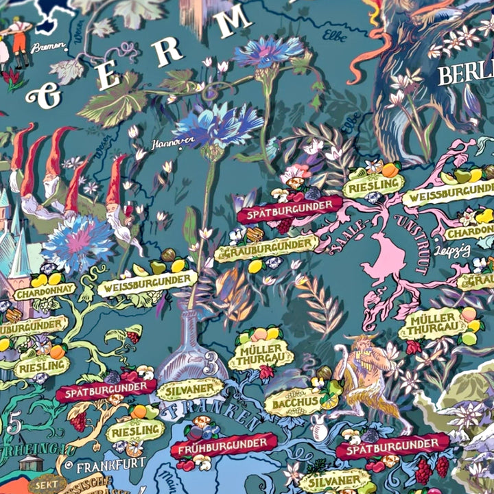 Nahaufnahme eines Puzzle-Ausschnitts der Regionen Franken, Saale-Unstrut und wichtige Rebsorten wie Silvaner, Spätburgunder, Riesling und Müller-Thurgau.
