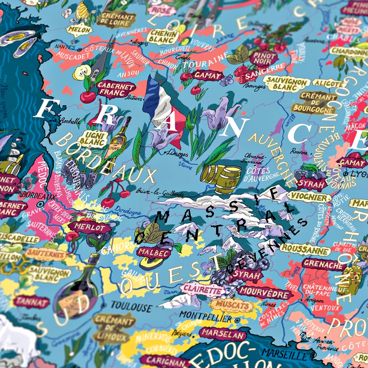 Vergrößerte Detailansicht eines Abschnitts der Côte de Nuits auf dem Puzzle, der spezifische Weinlagen und Appellationen wie Nuits-Saint-Georges und Vosne-Romanée hervorhebt.