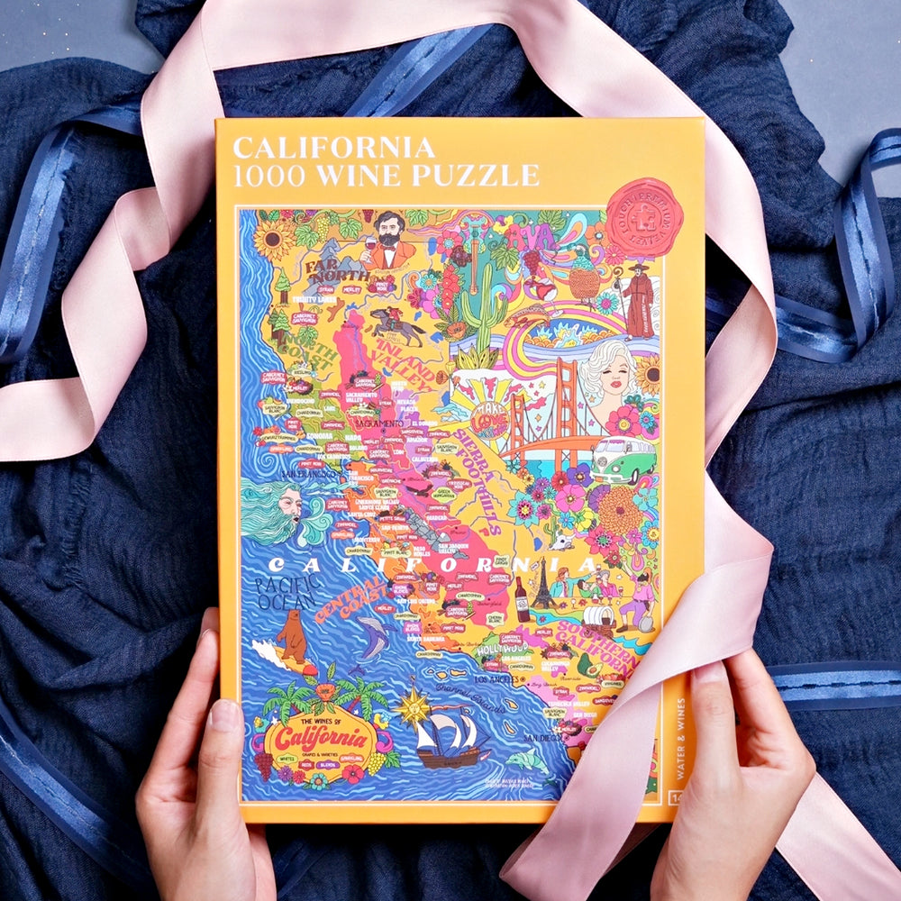 Illustrationen von Surfern, Palmen und Weinkellern im Kalifornien-Puzzle.