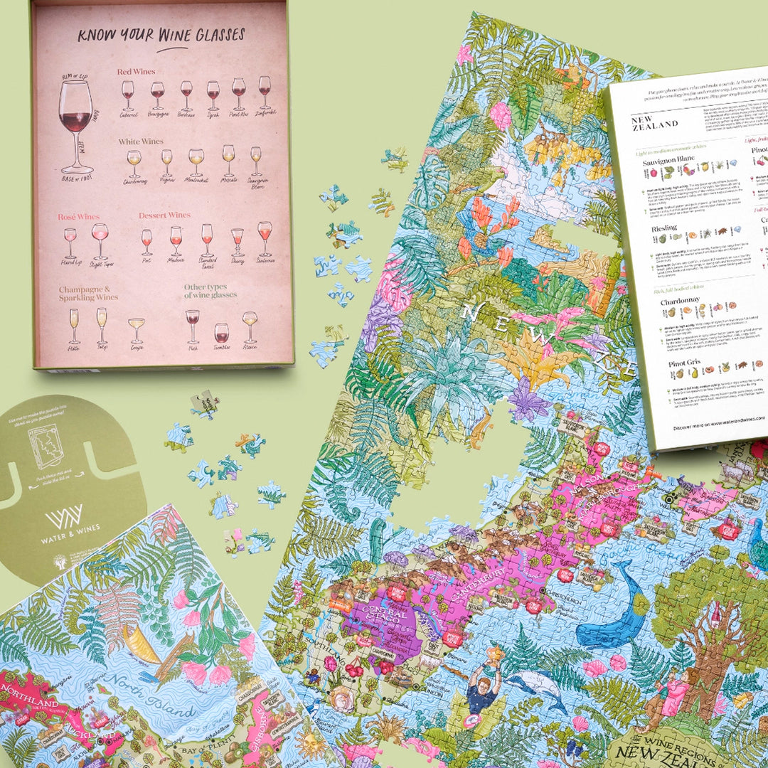 Neuseeland Wein Landkarte Puzzle mit Infografik-Poster zu Rebsorten.