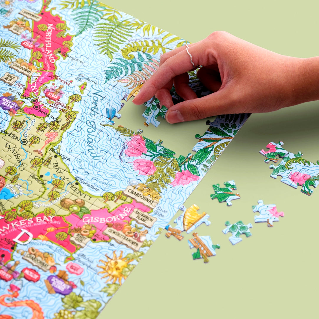 Illustrierte Karte der Nord- und Südinsel Neuseelands mit Weinregionen.
