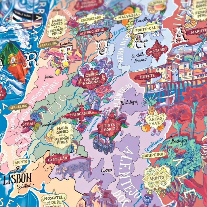 Zwei Hände fügen Puzzleteile in die illustrierte Landkarte Portugals ein, mit Fokus auf die Mitte und den Norden (Douro, Dão, Bairrada).