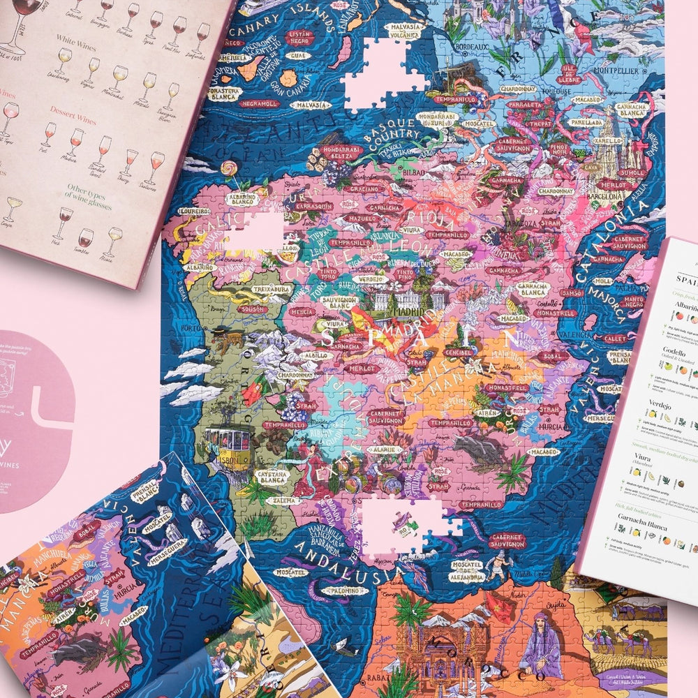 Spanien Wein Landkarte Puzzle mit Infografik-Poster zu Rebsorten.