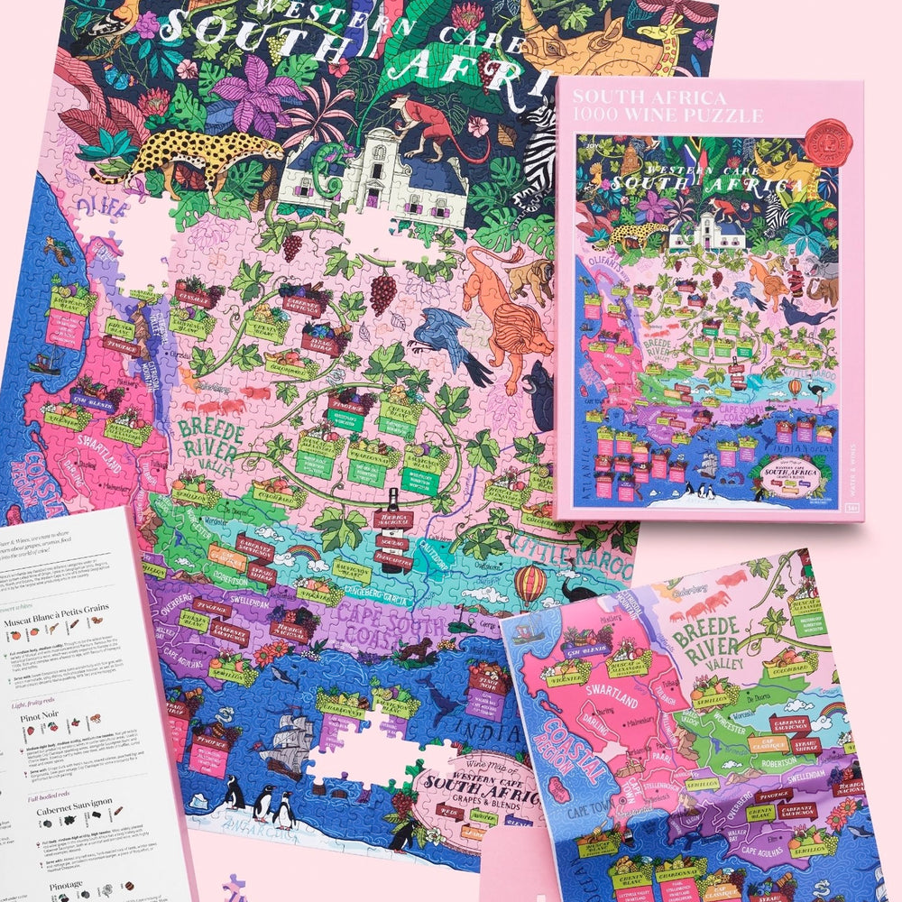 Südafrika Wein Landkarte Puzzle mit Infografik-Poster zu Rebsorten.