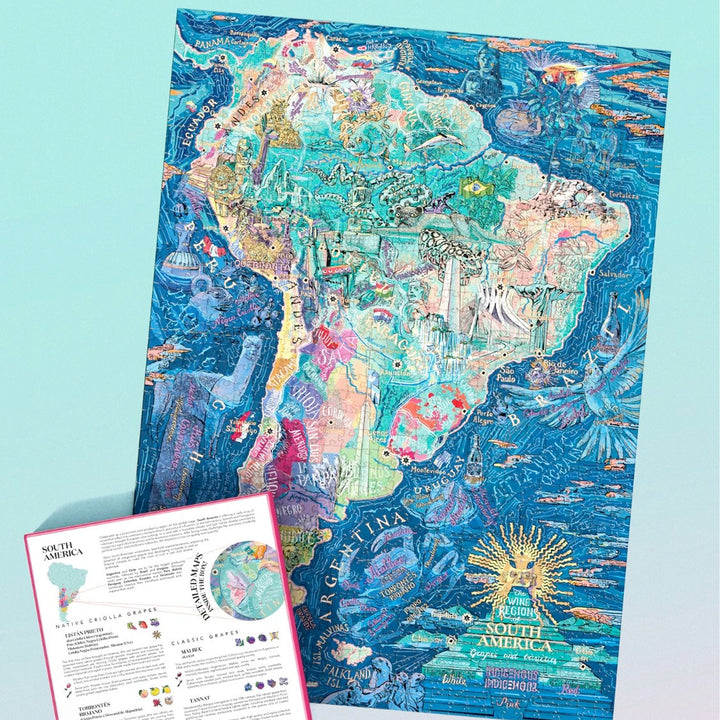 Illustrierte Landkarte von Südamerika mit Fokus auf Chile, Argentinien und Uruguay.
