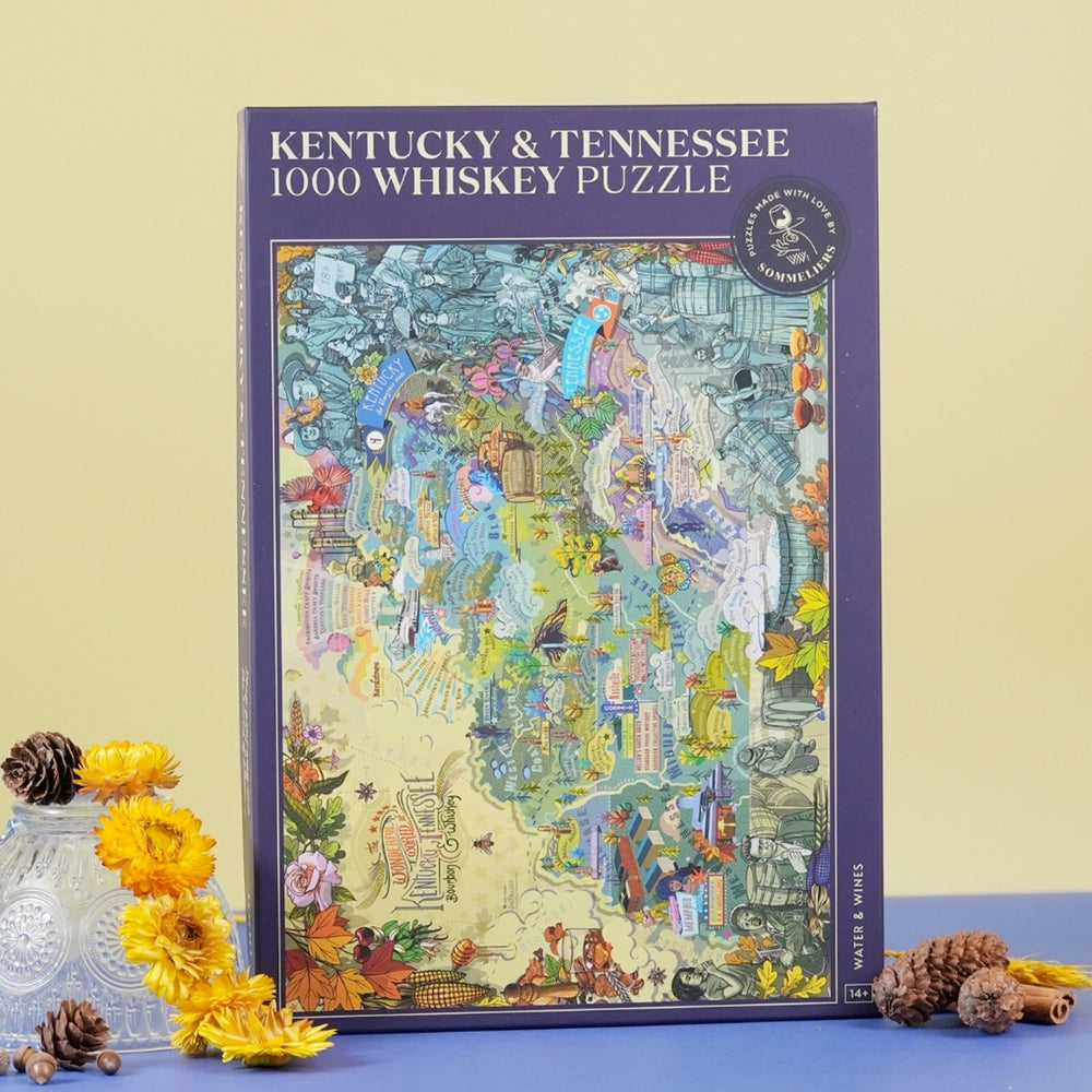Whiskey Puzzle mit Infografik-Poster zu Destillationsprozessen.