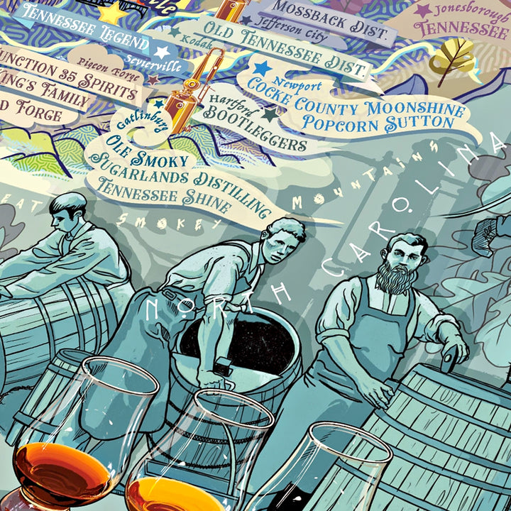 Whiskey Guide Begleitheft mit Illustrationen von Fässern und Getreide.