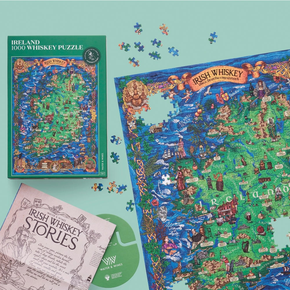 Irland Whiskey Puzzle mit Infografik-Poster zu Destillerien.