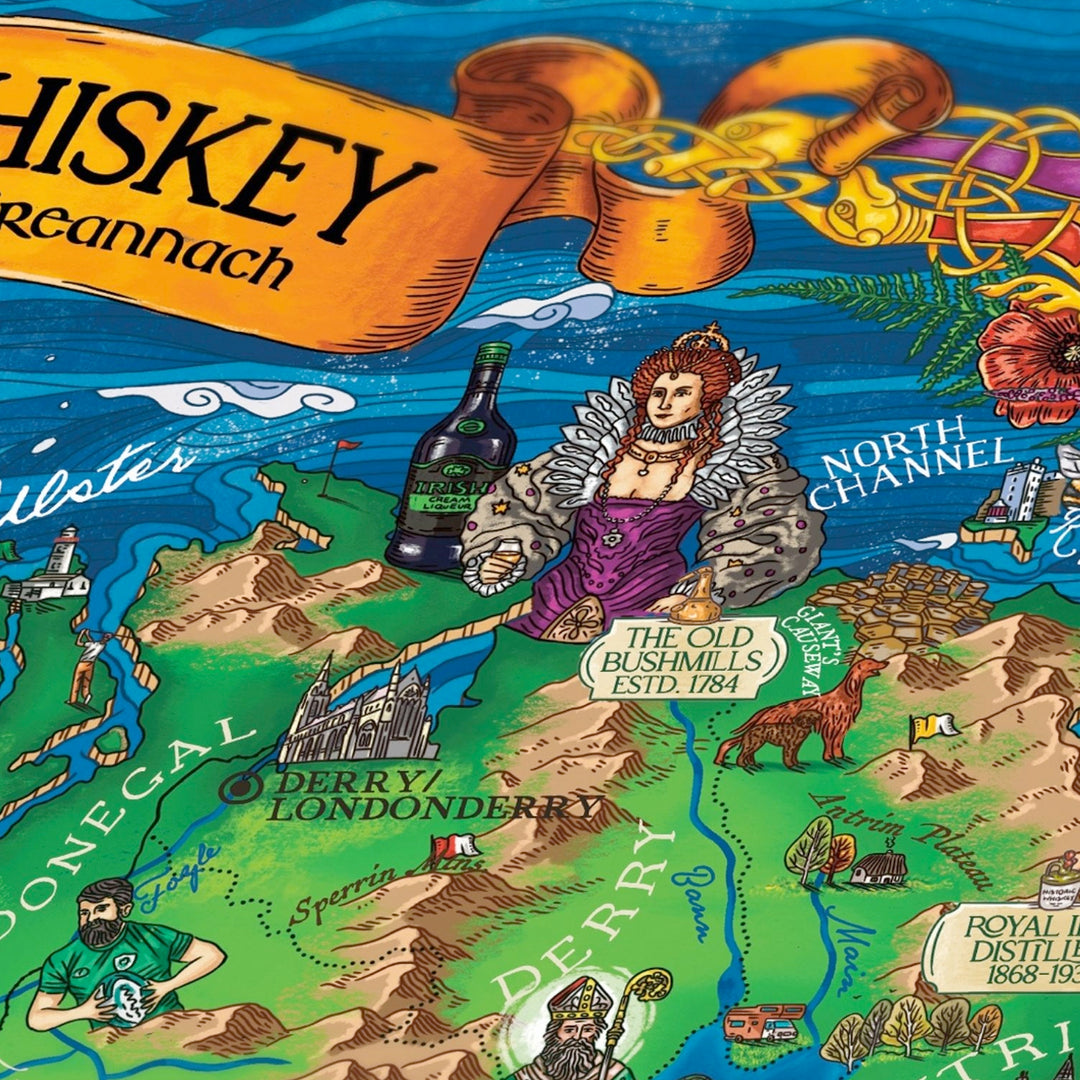 Illustration der verschiedenen irischen Whiskey-Stile (Grain, Malt, Blend).