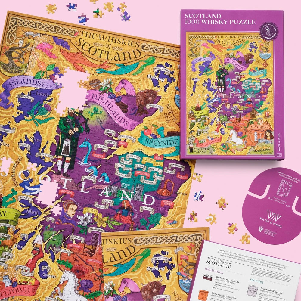 Schottland Whiskey Puzzle mit Infografik-Poster zu den Highlands und Inseln.