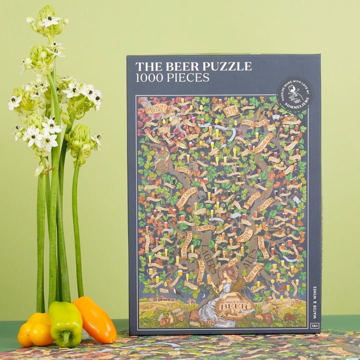 Bier Puzzle mit Infografik-Poster zu Bierstilen und Brauprozessen.