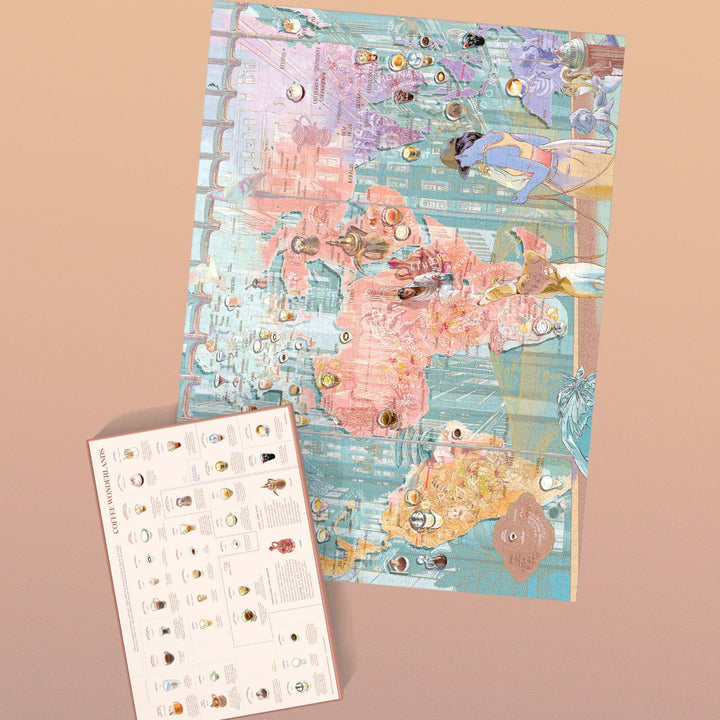 Kaffee Weltkarte Puzzle mit Begleitheft auf grünem Hintergrund.