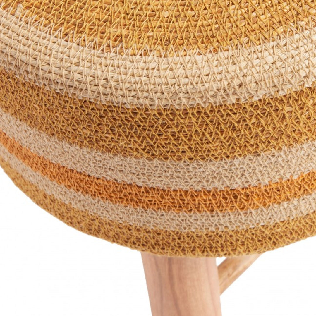 Runder Hocker mit gelb-orangem Geflecht und Holzbeinen
