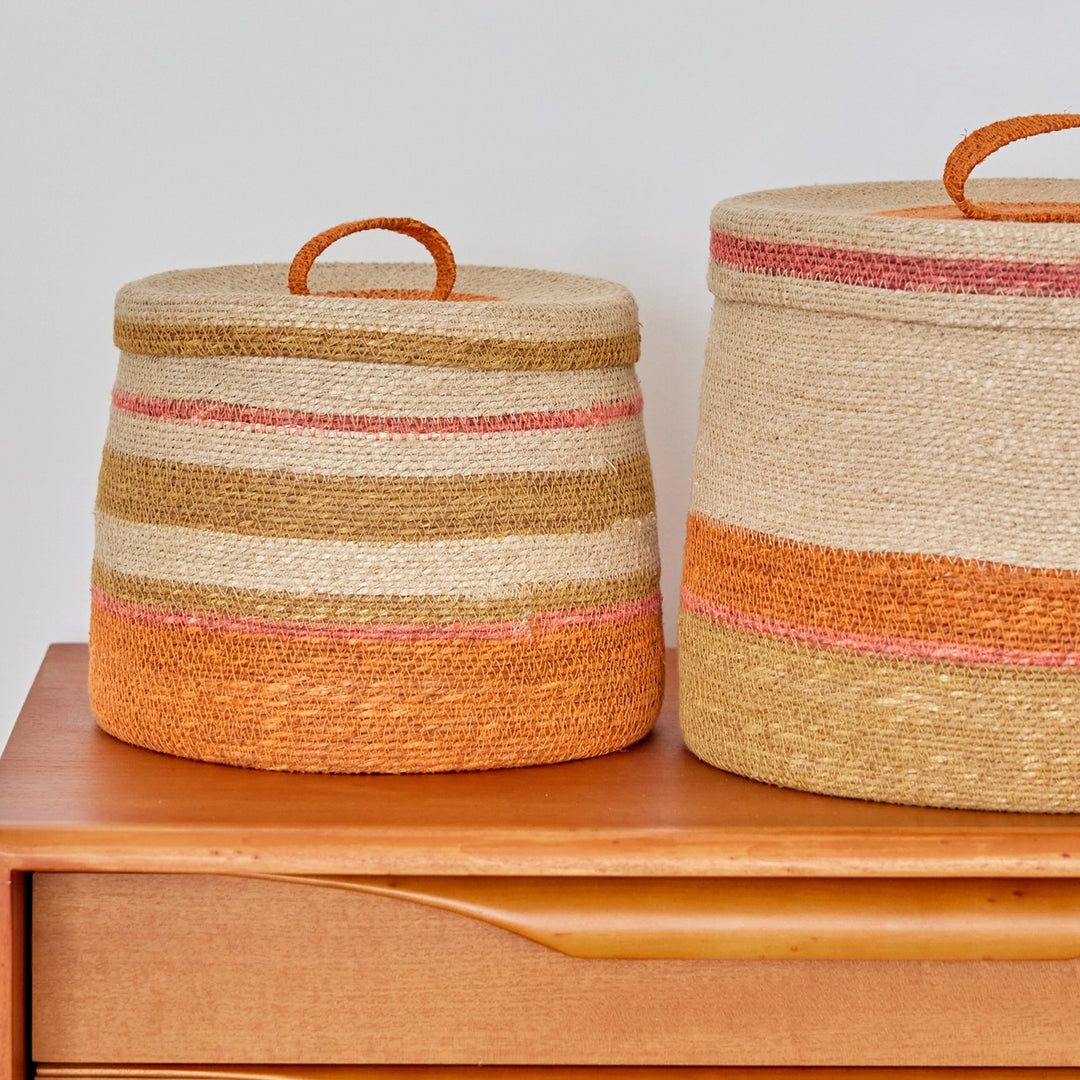 Runder Korb mit Deckel in Creme, Orange und Senfgelb