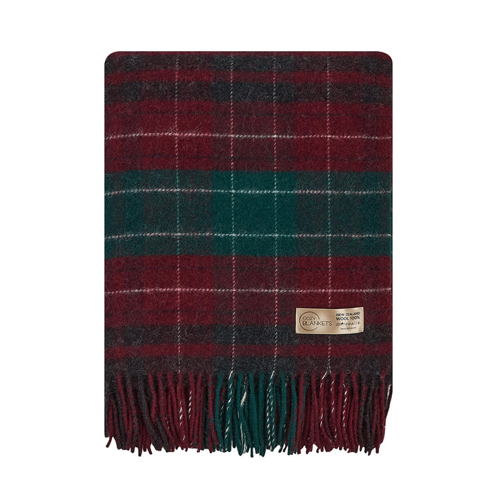 Wolldecke Tartan Rot Grün aus 100% Neuseeland-Wolle | 140 x 200 cm mit Fransen