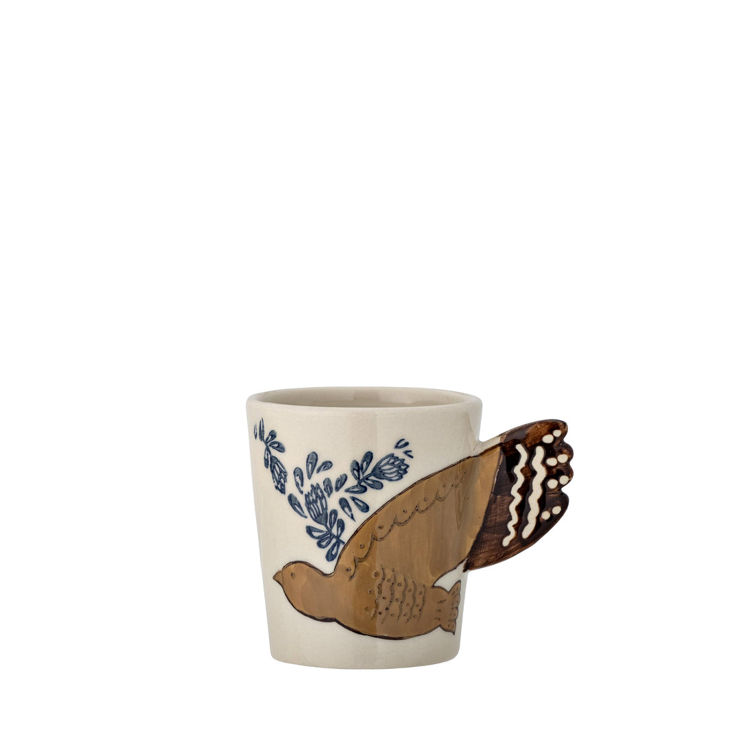 Tasse aus Keramik in Beige mit Vogelmotiv und Flügelhenkel