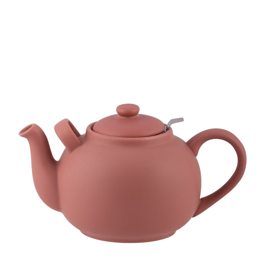 Matte, rostrotes Keramik-Teekanne mit Sieb und klassischer Form.