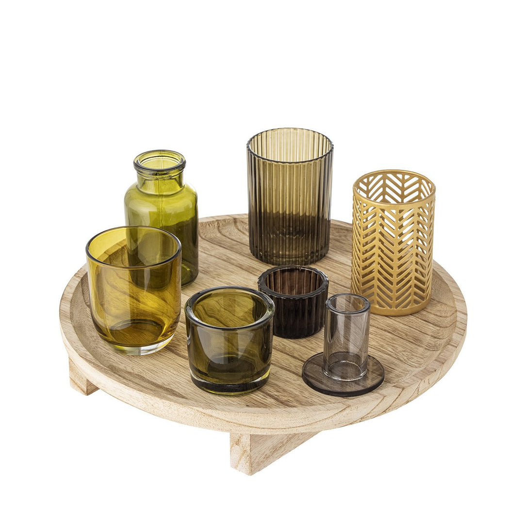 Teelichthalter Set aus Glas auf rundem Holzpodest in Gruen- und Bernsteintoenen