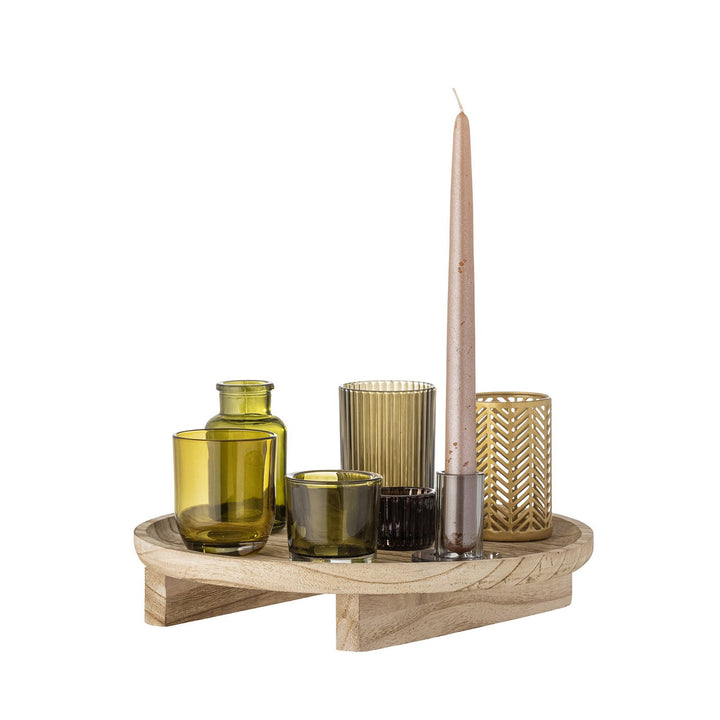Teelichthalter Set aus Glas auf rundem Holzpodest in Gruen- und Bernsteintoenen
