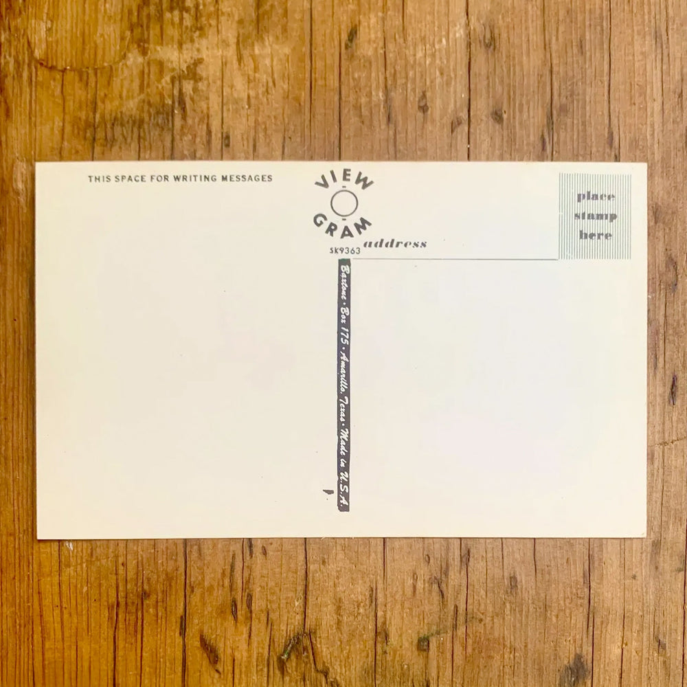 Rückseite von Vintage-Postkarte "Greetings from ALABAMA" mit bunten Collagen in den Buchstaben, umgeben von einem Regenbogen-Hintergrund und Blumen.