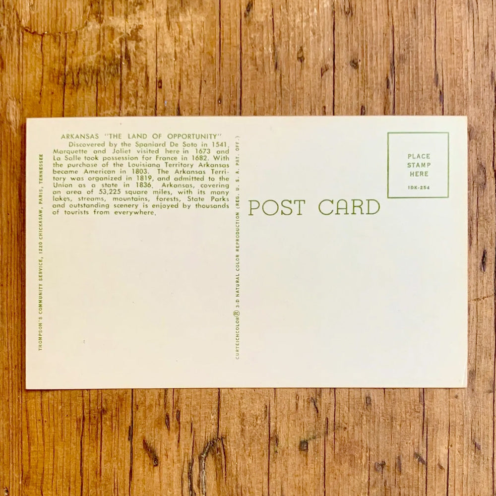 Rückseite von Vintage-Postkarte "Greetings from ARKANSAS" auf blau-gelbem Grund, der Schriftzug ist mit Sehenswürdigkeiten des Staates gefüllt und zeigt Baumwollblüten.