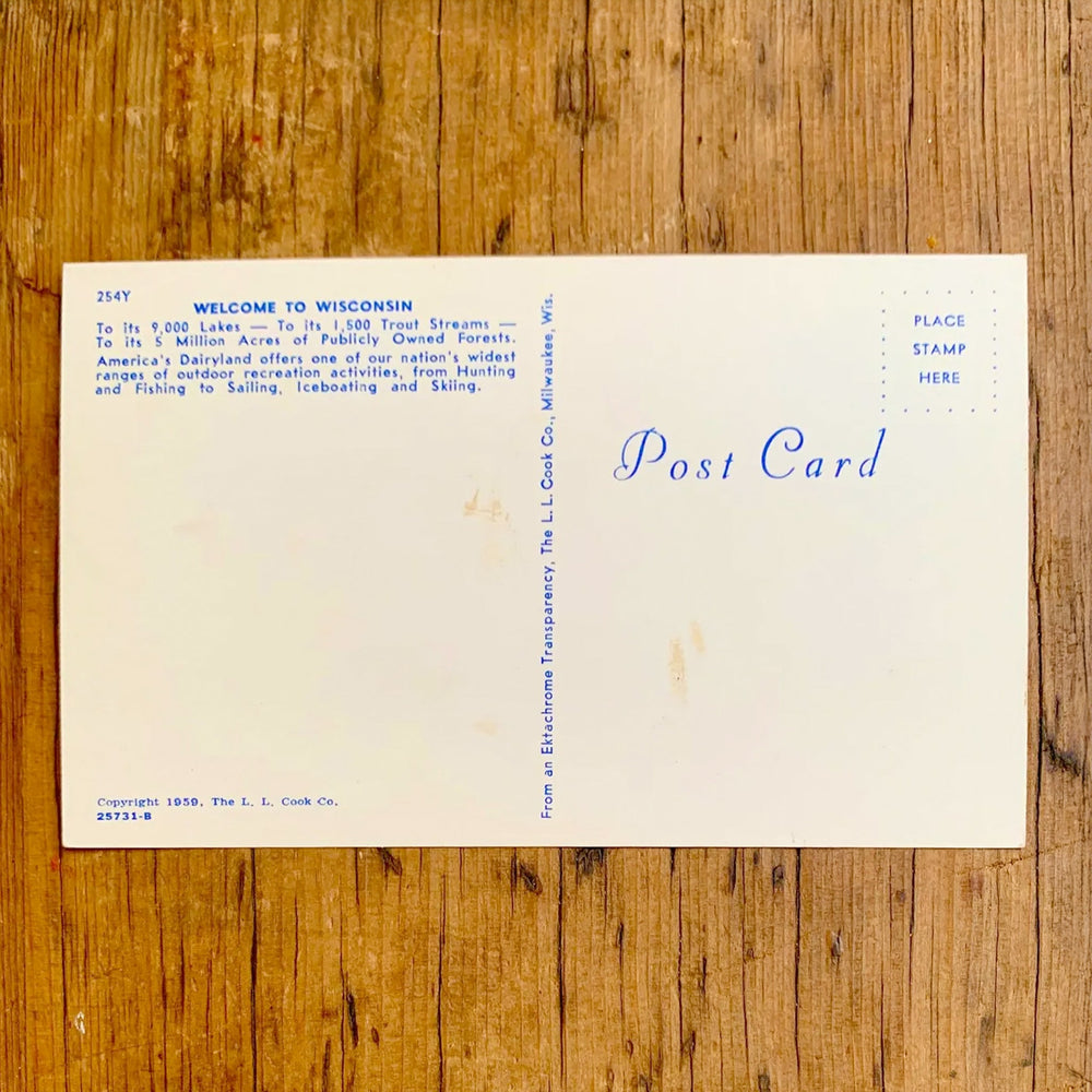 Rückseite von Dunkle Vintage-Postkarte "WISCONSIN" mit Stichworten wie Boating und Fishing. Sie zeigt Bilder des State Capitols und Felsformationen mit den Slogans für Outdoor-Aktivitäten.