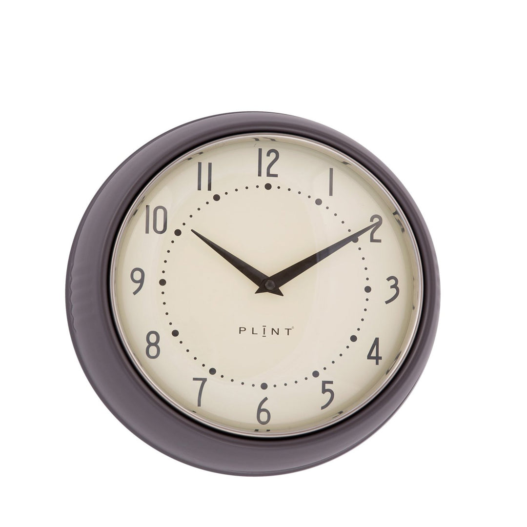 Dunkelgraue (Anthrazit) Wanduhr im Retro-Design, runde Form.